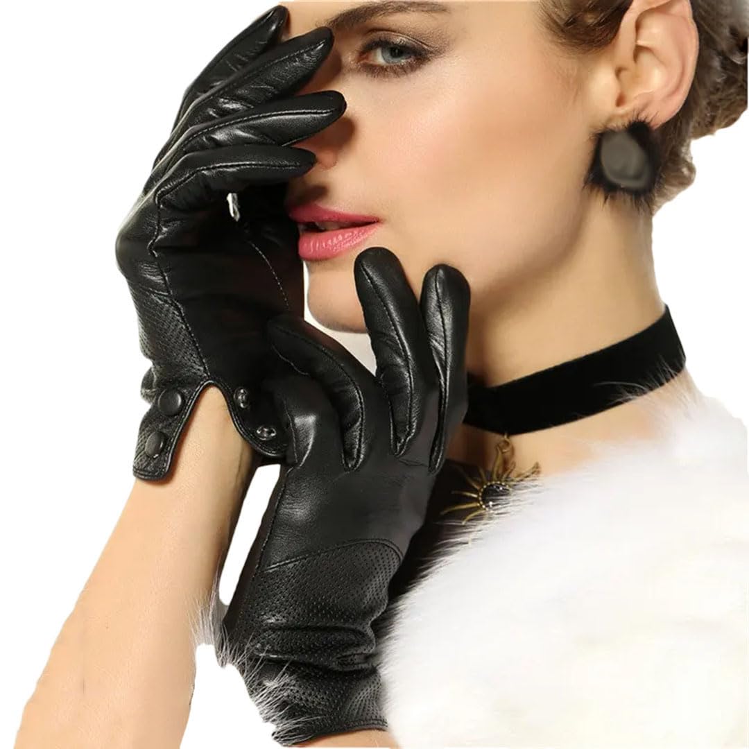Guantes de cuero para mujer, color sólido, delgados, transpirables, para conducir, color negro, talla M, beige, M
