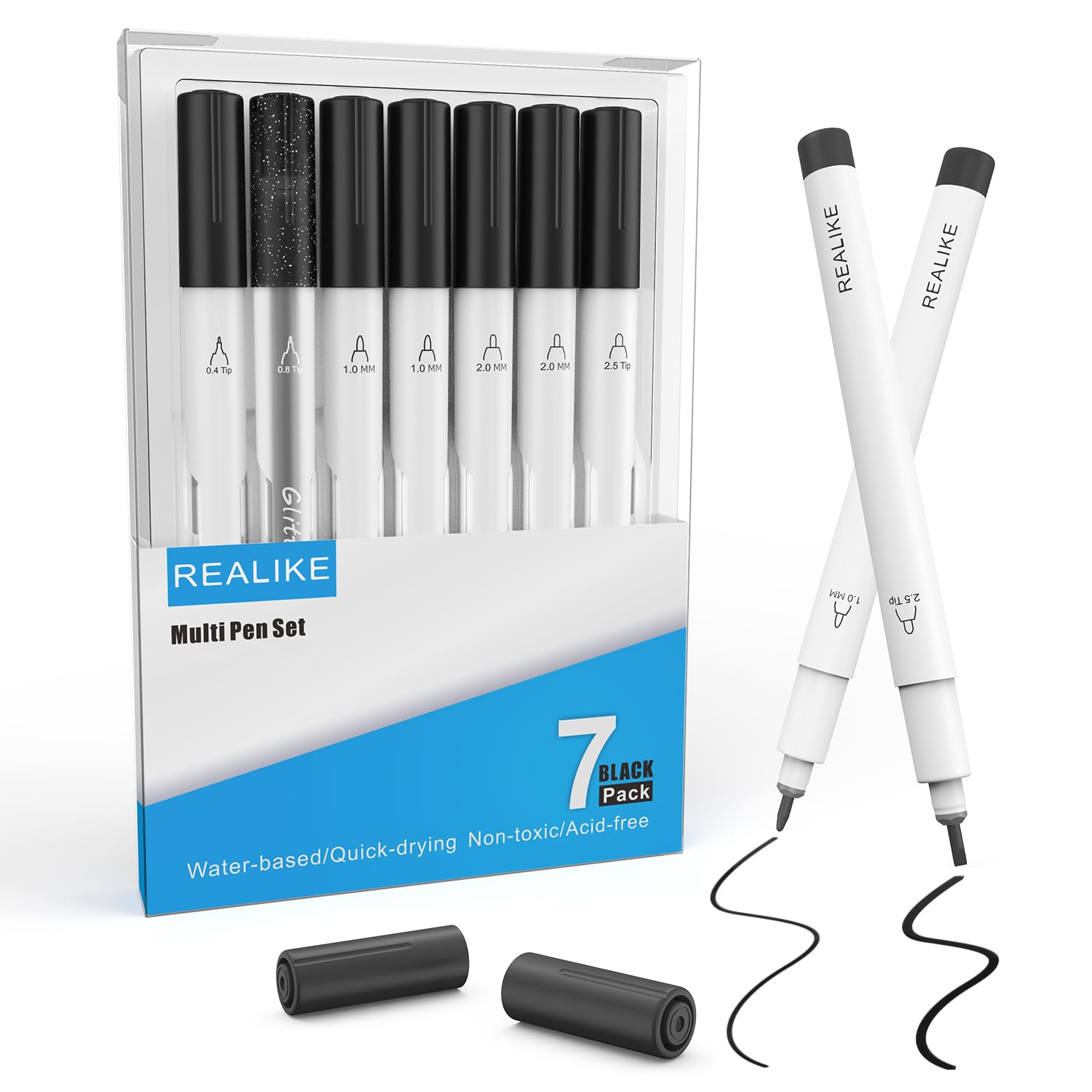 Black Pens Compatible with Cricut Joy Xtra Calligraphy Glitter Gel style 7 pens in Variety of tips size 0.4 Fine Point Tip 1.0/2.0/2.5 Brush Tip for Drawing Coloring Writing Lettering