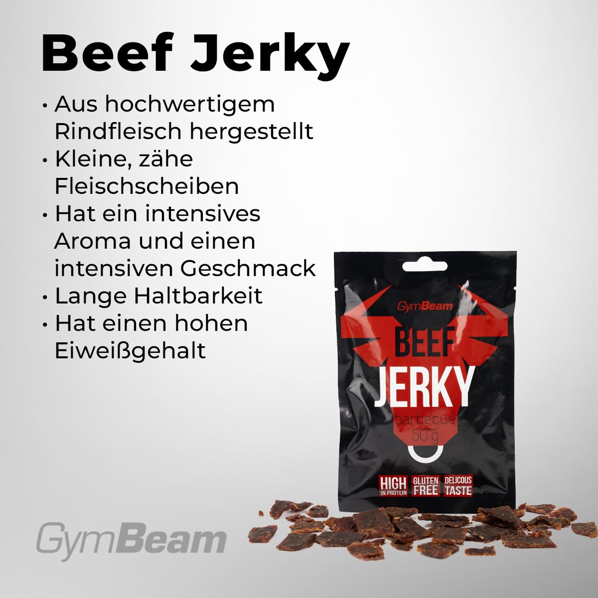 GymBeam Beef Jerky – Hochwertiger Fleischsnack aus Premium-Rindfleisch, gluten- und laktosefrei, mit hohem Eiweißgehalt, ideal für Sportler, lange Haltbarkeit (50 g (5er pack), Original)