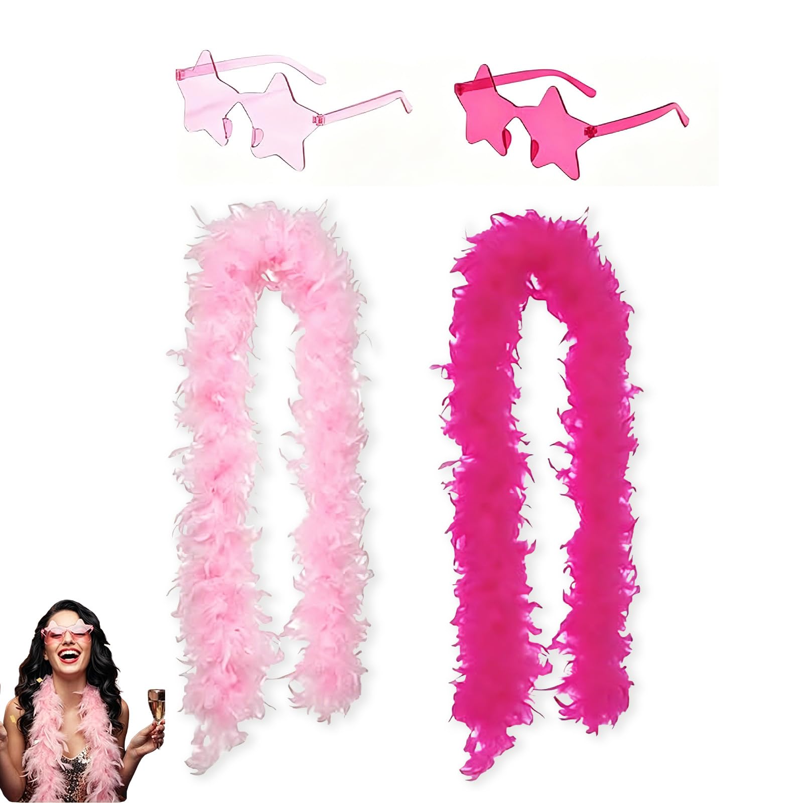 QhgPnt 4PCS Feather Boas, Pink Rose Red Artificial Fluffy Boa Decorations With Star-Shaped Glasses, For Music Festival, Role-Playing, Stage Performance And Bachelor Party Decoration