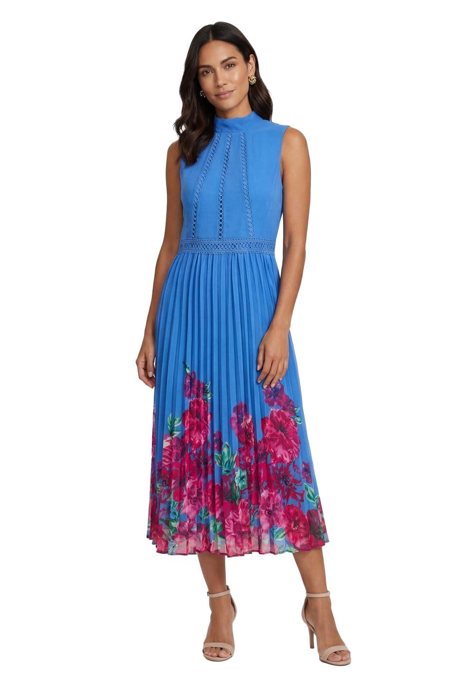 Wallis Women's Blue Petite Floral Lace Insert Pleated Midi Dress, 12,