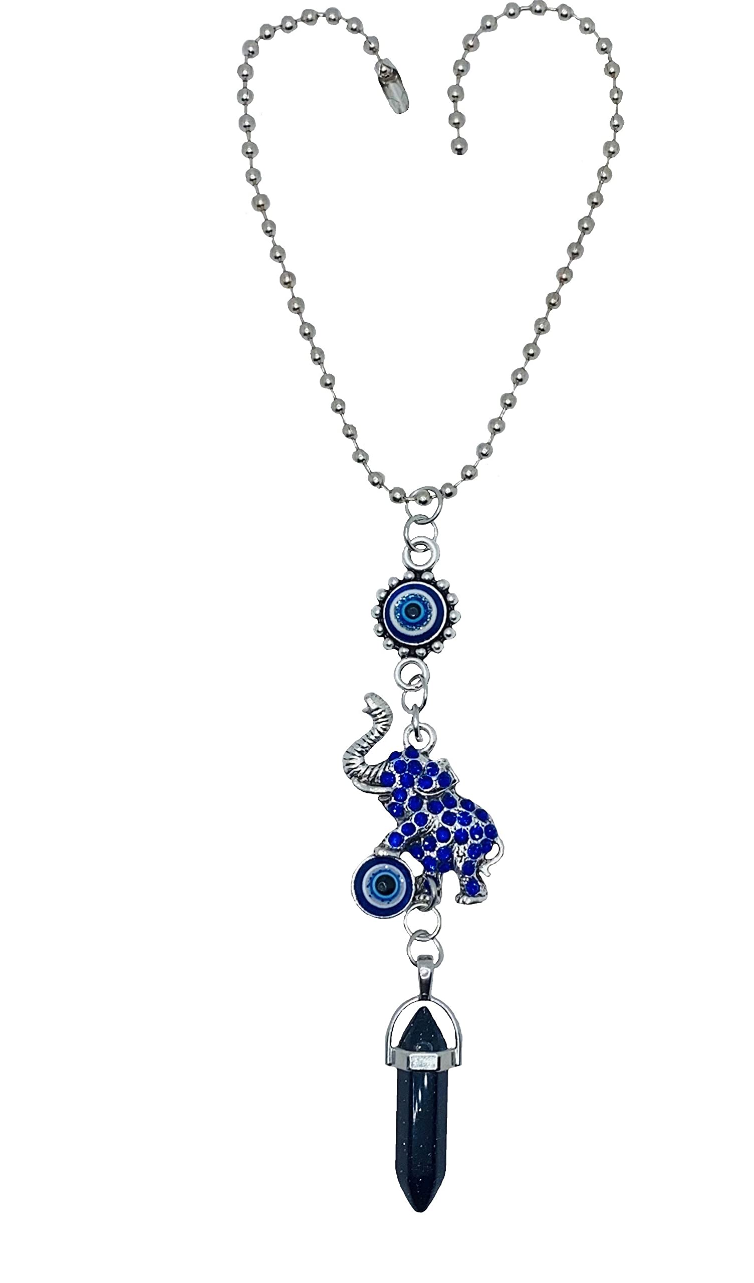 LUCKBOOSTIUM Lucky Evil Eye & Happy Elephant w/Blue Crystal Hanging Charm Ornament - With Blue Sandstone in Ball Chain - For Goodluck & Protection - Home & Rear View Mirror Accessories