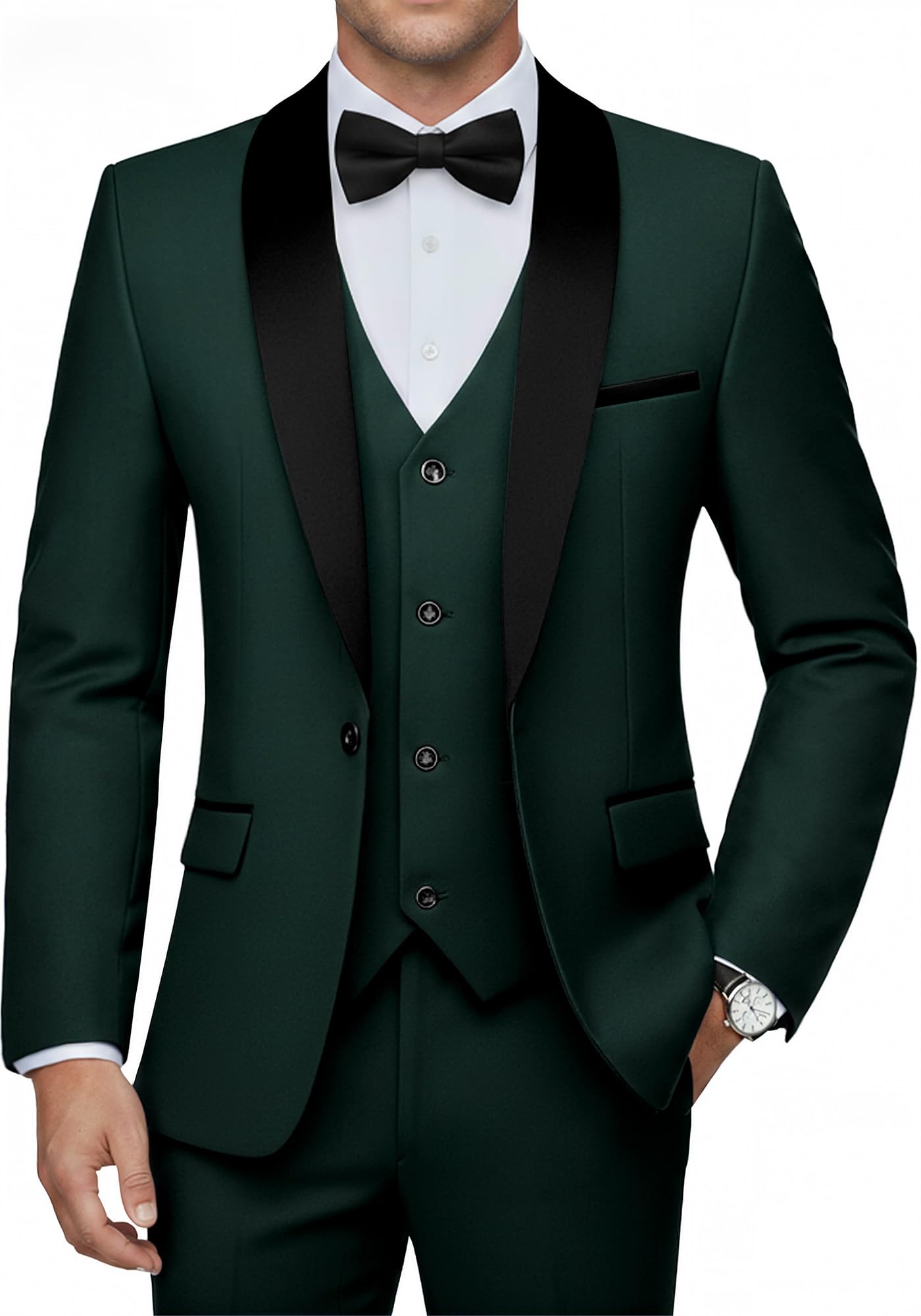 Herren 3-teiliger Slim Fit Smoking Anzug mit 1-Knopf-Sakko, Schalrevers, Sakko Weste Hose Set für Hochzeit & Prom