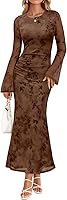 ZESICA Women's Floral Long Sleeve Ruched Mesh Bodycon Maxi Dress - Wedding Guest Cocktail Party Fall 2026