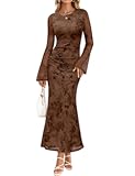 Women&apos;s Long Sleeve Floral Bodycon Dress 2025 Fall Fashion Ruched Mesh Wedding Guest Cocktail Party Maxi Dresses