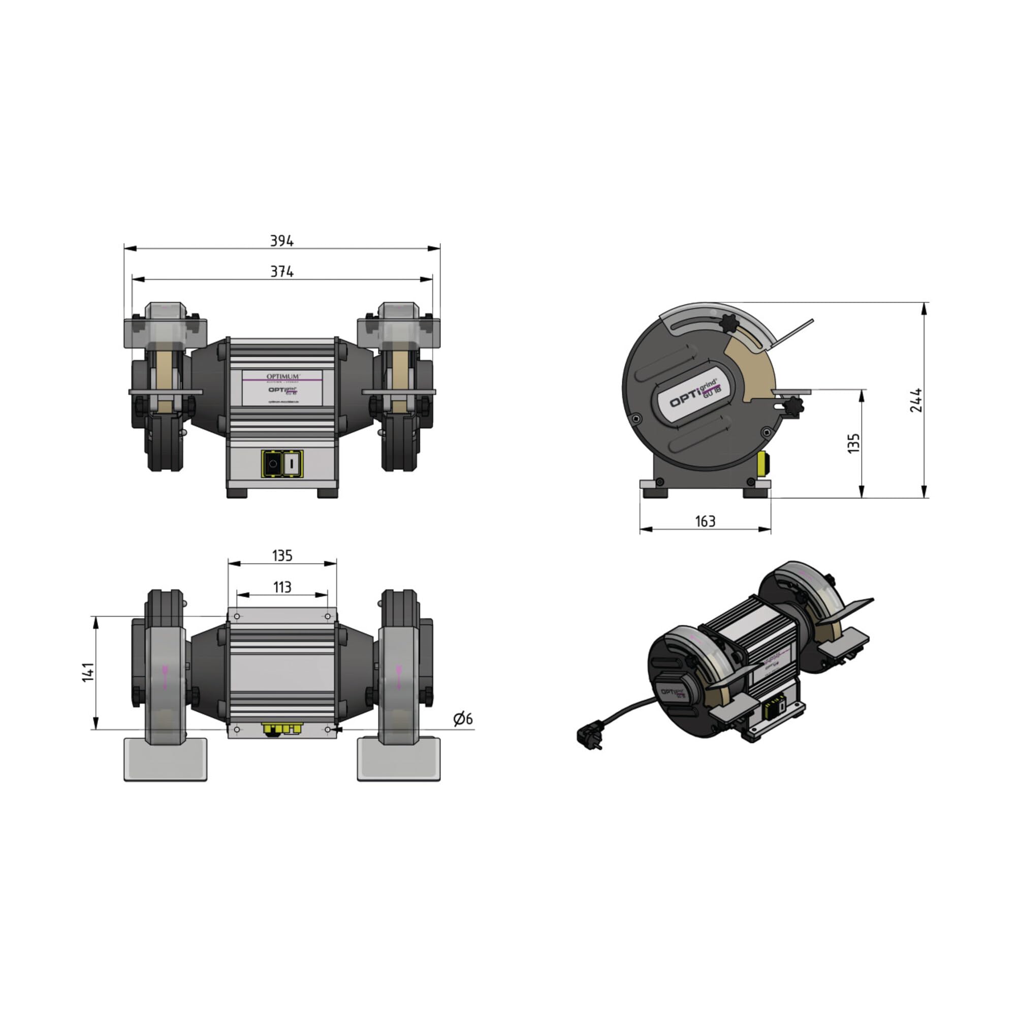 Optimum Doppelschleifmaschine OPTIgrind GU 18 (2 Schleifscheiben fein+grob, Funkenschutz, wartungsfreier Motor, hohe Laufruhe, bruchsicheres Material, Biegemaschine) 3101510