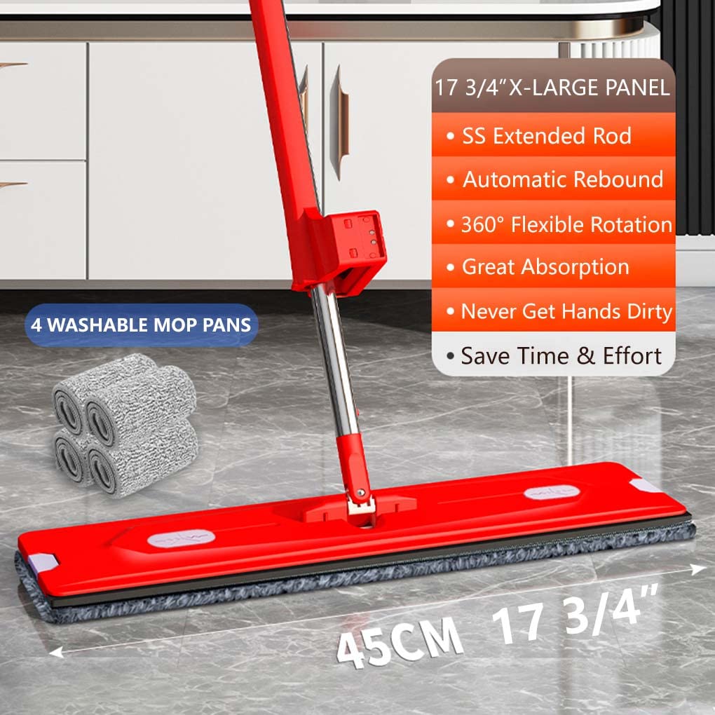 Trapeador plano con 4 almohadillas de microfibra lavables, limpieza de suelos rojos, mopa perezosa manos libres, panel XL para madera dura, mármol, cemento, azulejos