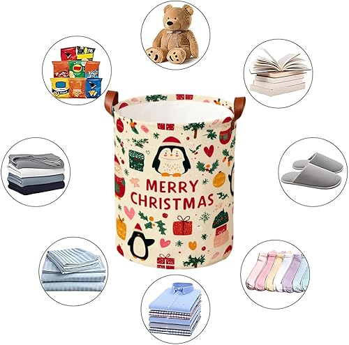 Miniatura 7 de Cesta de lavandería de 15.75 x 15.75 x 19.7 pulgadas, diseño de pingüino de Navidad, plegable, con asas, almacenamiento de ropa sucia para
