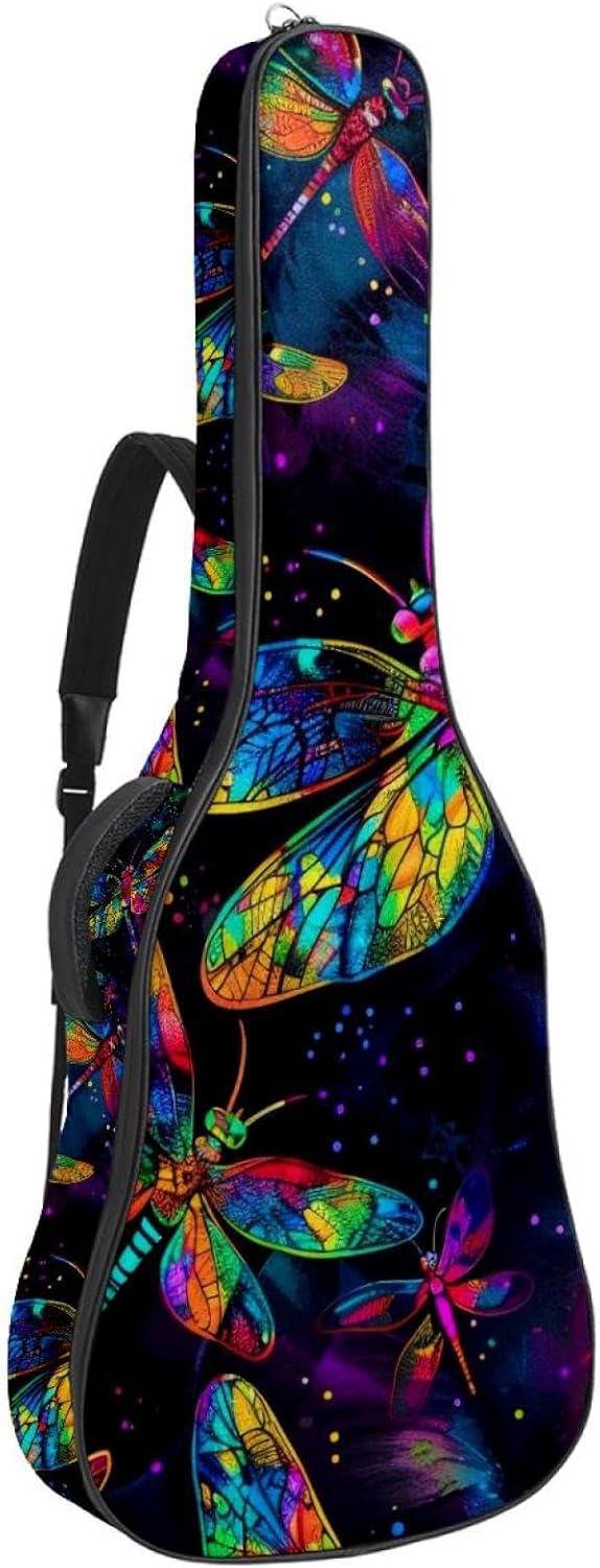 Acoustic Guitar Bag 0.4 Inch Thick Padding Waterproof Guitar Case Gig Bag for 40 41 42 Inch Electric Bass Classical Guitar, Fantasy Colorful Bright Dragonflies