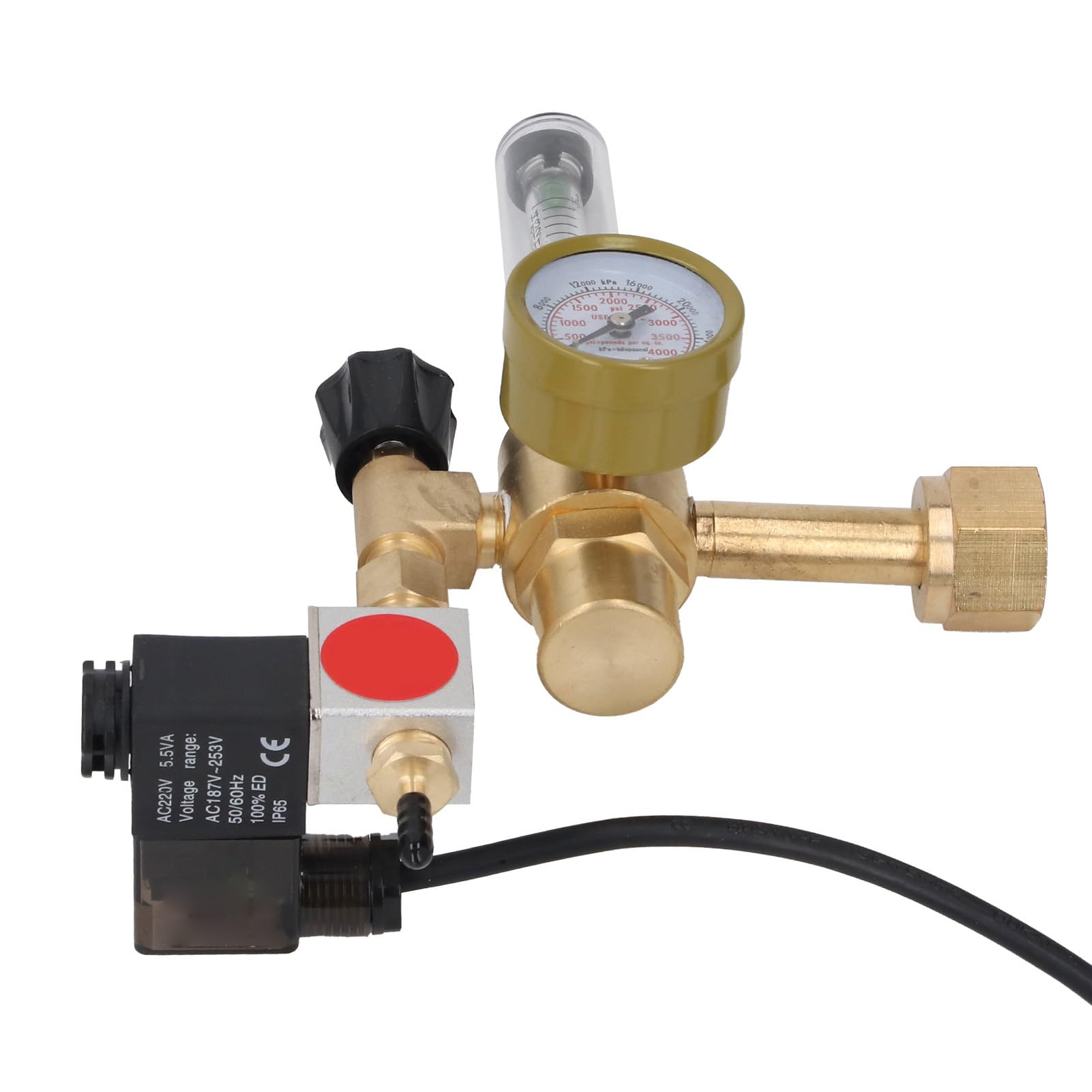 ViaGasaFamido Regulador CO2 Hidroponía con Válvula Solenoide y Caudalímetro CGA320 Latón 0-4000 PSI para Invernadero, Cultivo Interior, Enchufe Europeo 220V