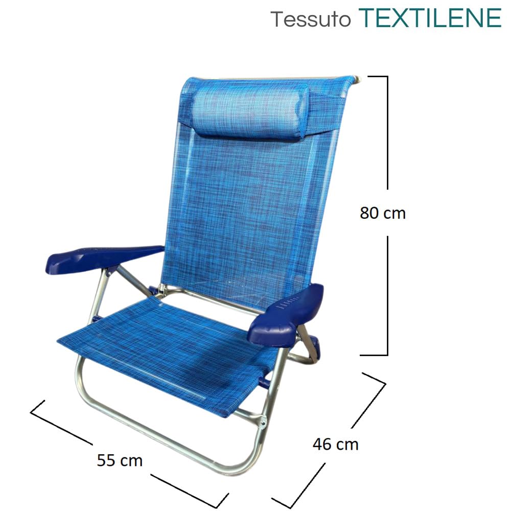 PALUPLUS Spiaggina Pieghevole con Braccioli, Misura 55x46x80 cm, Struttura Alluminio, Reclinabile in 7 Posizioni, Cuscino Poggiatesta, Sedia per Spiaggia, Piscina, Portata 100Kg -1771F (Blu)