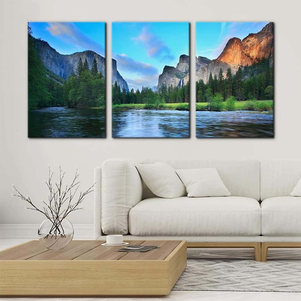 Mountain Canvas Wall Art Panorama of Yosemite Valley Malarstwo Jezioro Plakat Krajobraz Natures Prints Dekoracja salonu(40 x 60 cm x 3 / bez ramki)
