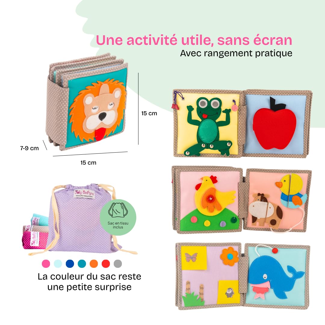 Jolly Designs Mini Quiet Book Lion Rêveur – Jouet Montessori dès 1 an – Livre d’activités Quiet Book en Tissu sans pièces détachables – Livre sensoriel & de motricité pour bébé
