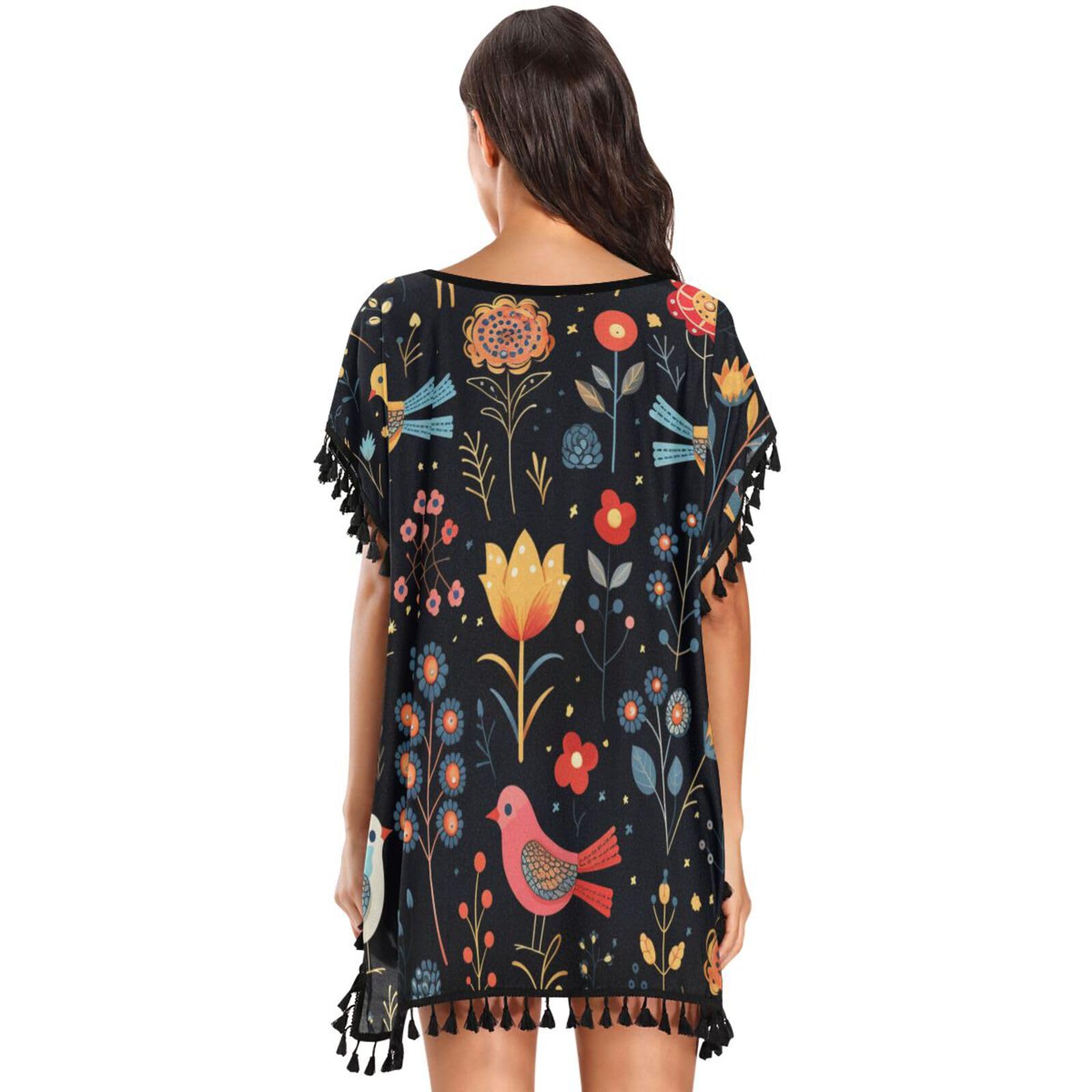 Repeating Pattern Bisons Women's Beach Cover Up Chiffon Tassel Swimwear Swimsuit Coverups for Girl