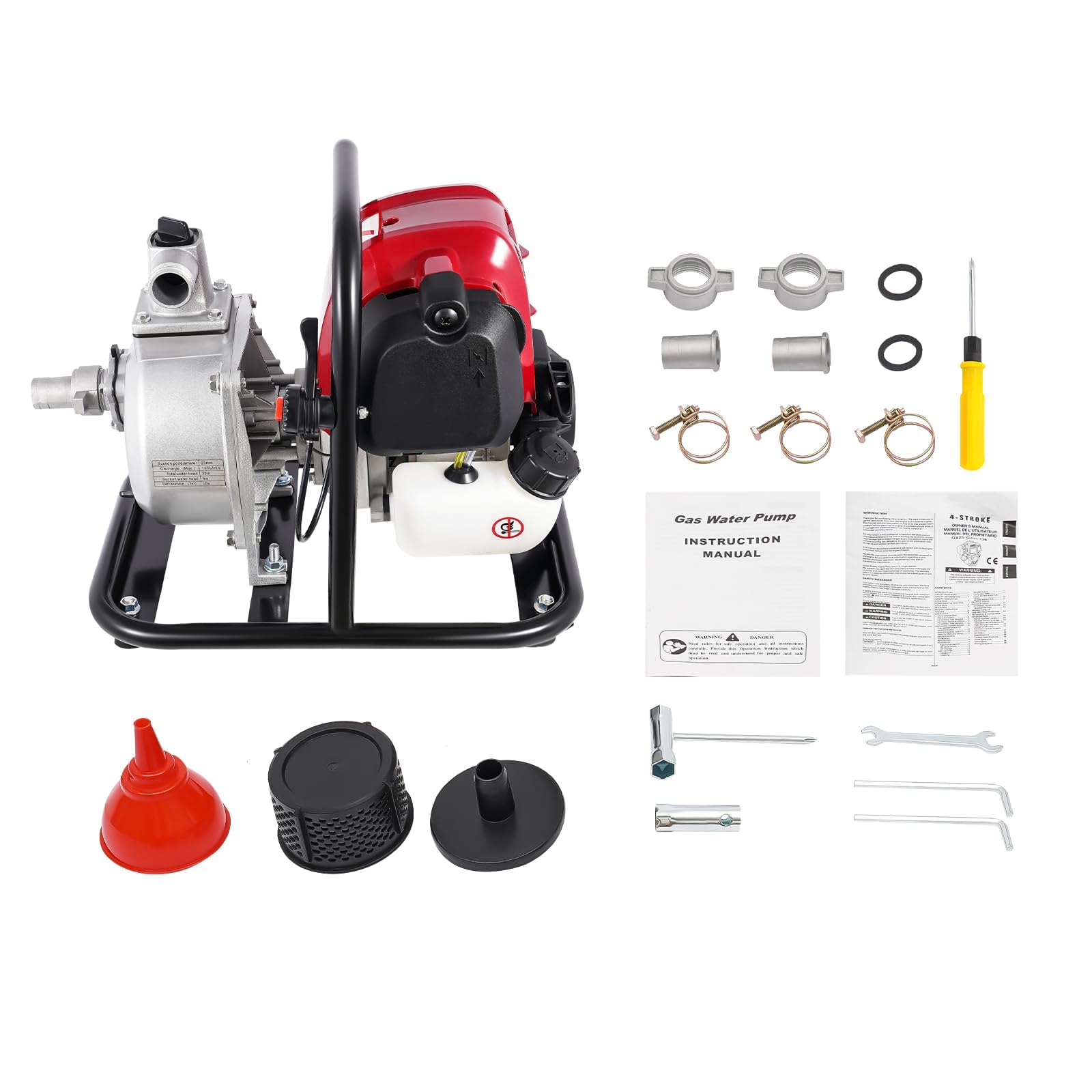 Bomba de Agua de Gasolina Estabeter, 4 Tiempos, 38 cc, 1200 W, Negro y Rojo, Moderno, Aleación de Aluminio, Hierro, ABS, Bomba de Motor de Gasolina, Portátil para Jardín