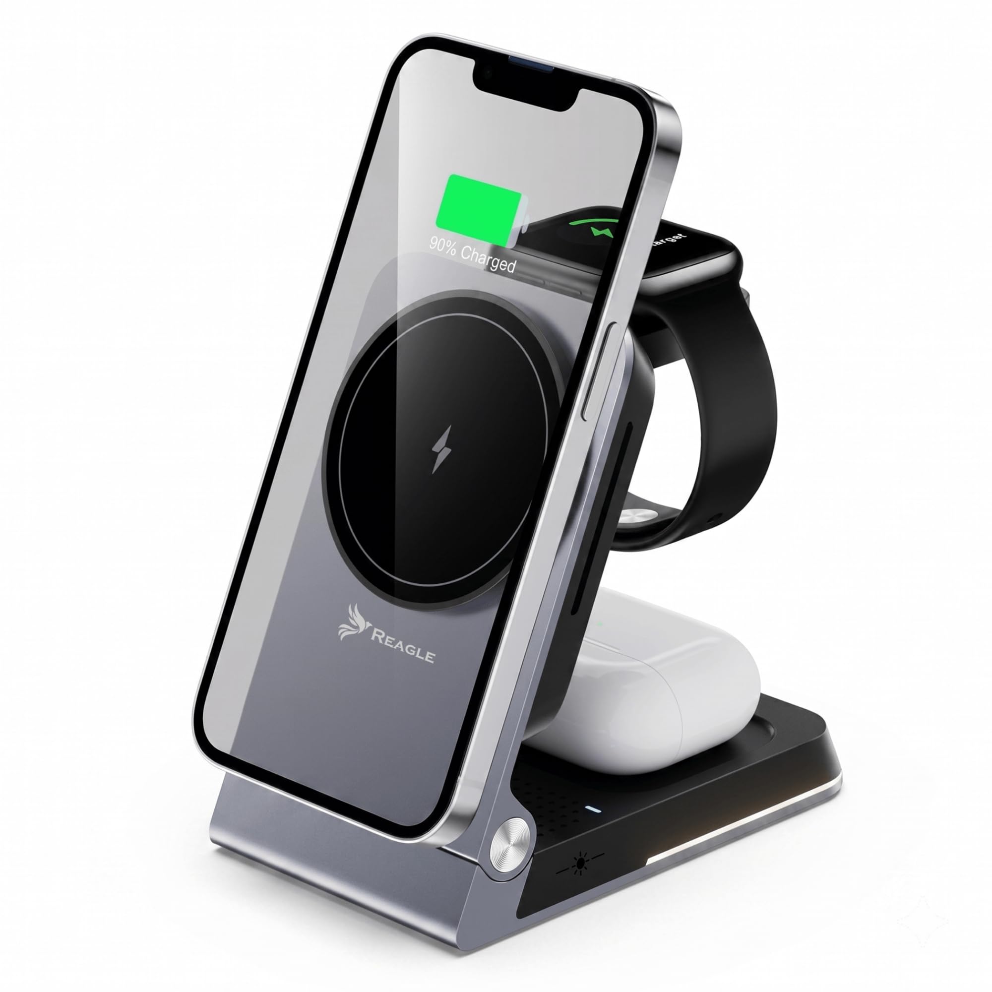 Reagle Station de Charge sans Fil Qi2 3-en-1 15 W, Chargeur Magnétique Pliable, Compatible avec iPhone 17/16/15/14/13/12, Apple Watch, AirPods, Pixel, Veilleuse, USB-C, Graphite