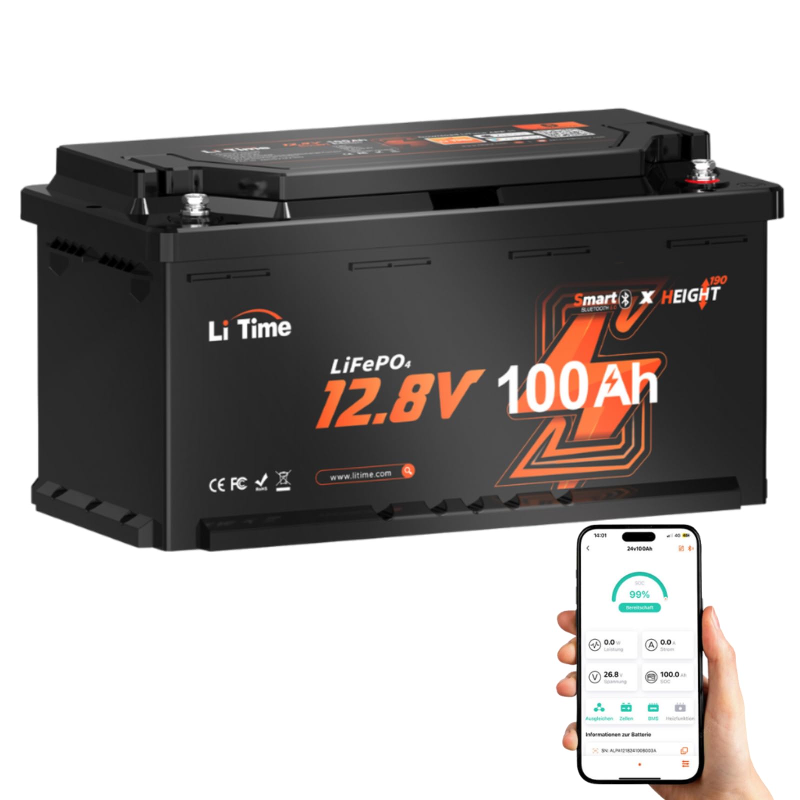 LiTime 12,8V 100Ah H190 Batteria LiFePO4 mit Bluetooth, Batteria al Litio con 100A BMS e 15000 Cicli, Per il Sottosella della Maggior Parte dei Camper, Dimensioni DIN H8 L5