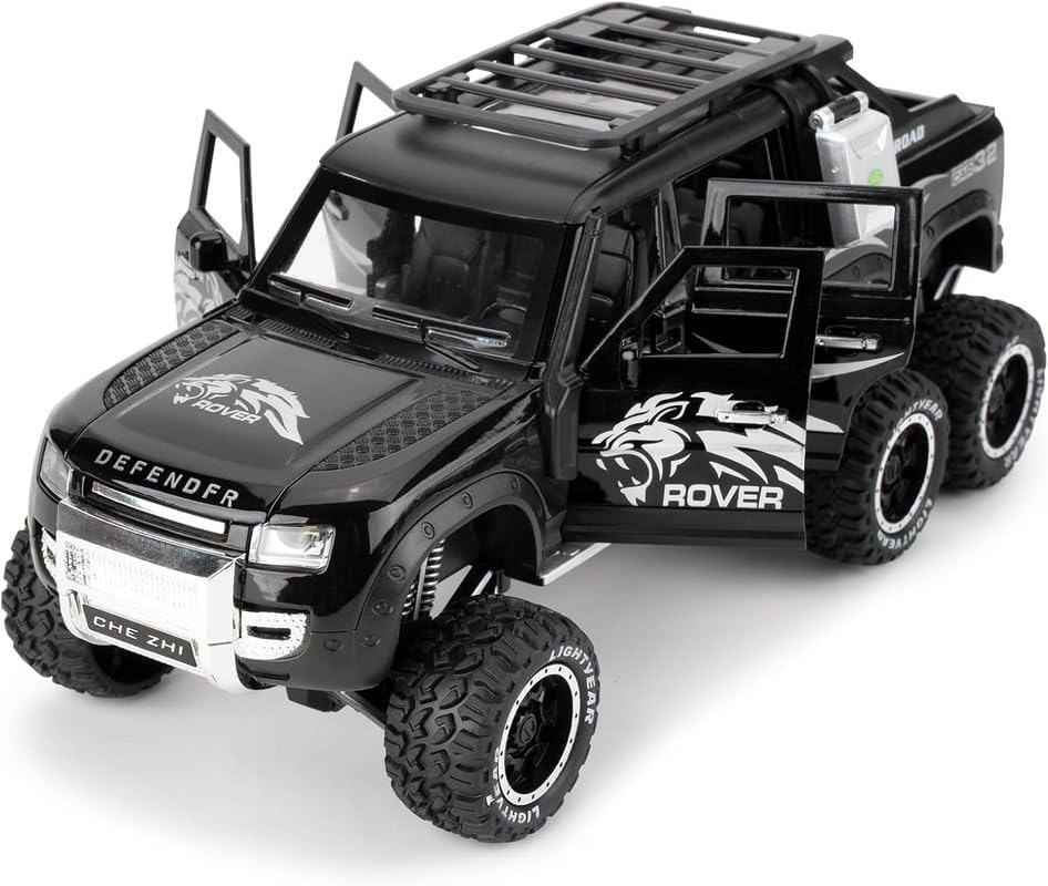 Image of WORSHIPER Land Rover Defender Six Wheels Off-Road Pickup Car Model - 1:24 Scale Diecast Truck with Pull Back Action, Sounds & Lights - Perfect Collectible for Kids and Adults Multicolor