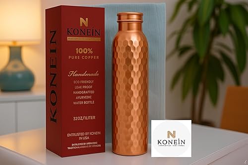 Miniatura 2 de Botella de agua 100% cobre, diseño de acabado mate de diamante, (34 onzas33.8 fl oz), botella de cobre ayurvédica para agua potable con beneficios