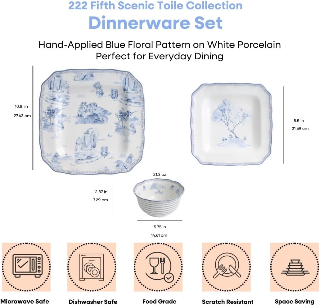 222 Fifth 12-Piece Porcelain Dinnerware Set for 4, Glossy White Plates and Bowls Set with Blue Decal, Elegant Square Ceramic Dish Set, Kitchen Tableware, Microwave & Dishwasher Safe, Scenic Toile - Image 3