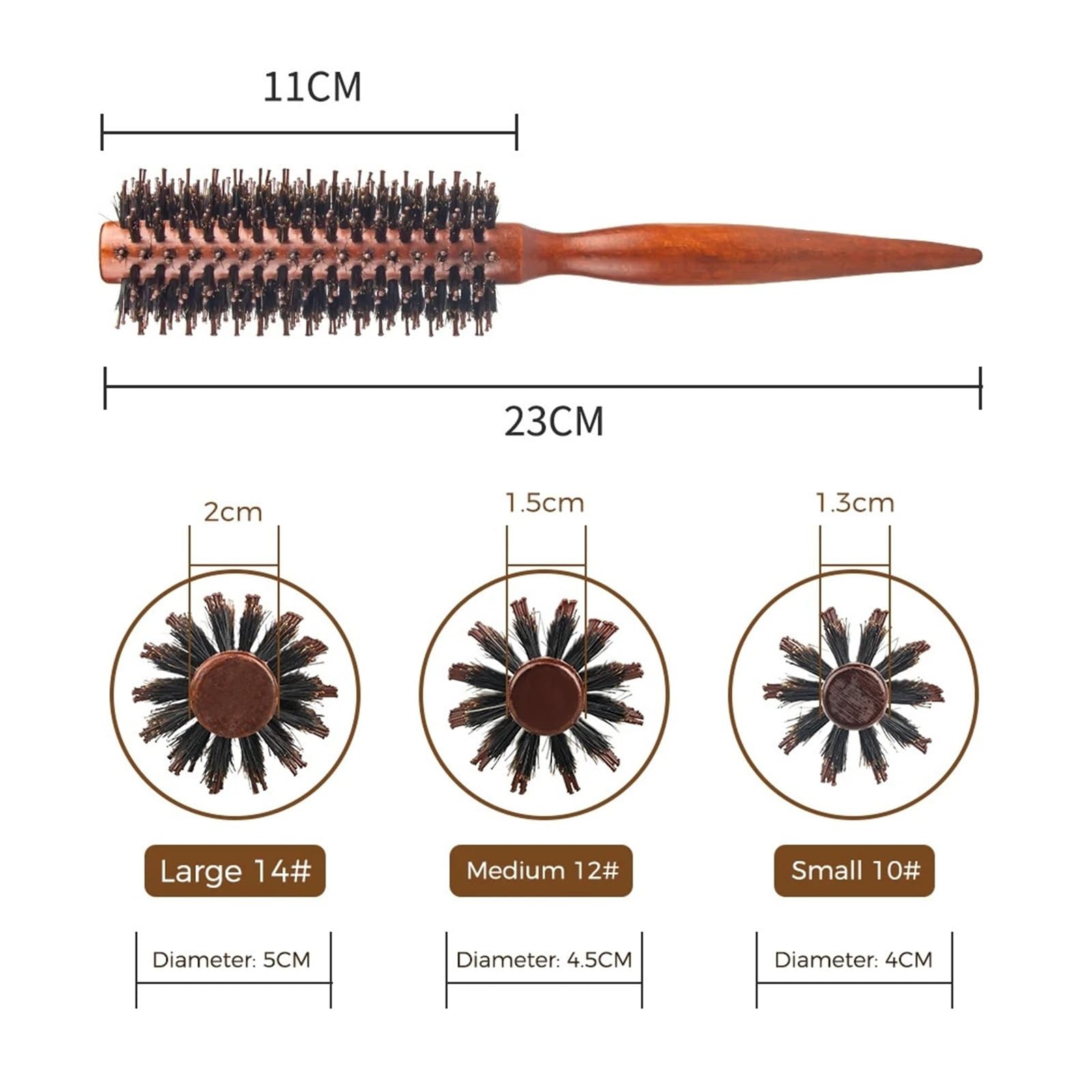 Spazzola for capelli tonda con manico in legno, pettine for in twill dritto, strumento for parrucchiere setole di cinghiale(ZB-ZWMGS-12mm)