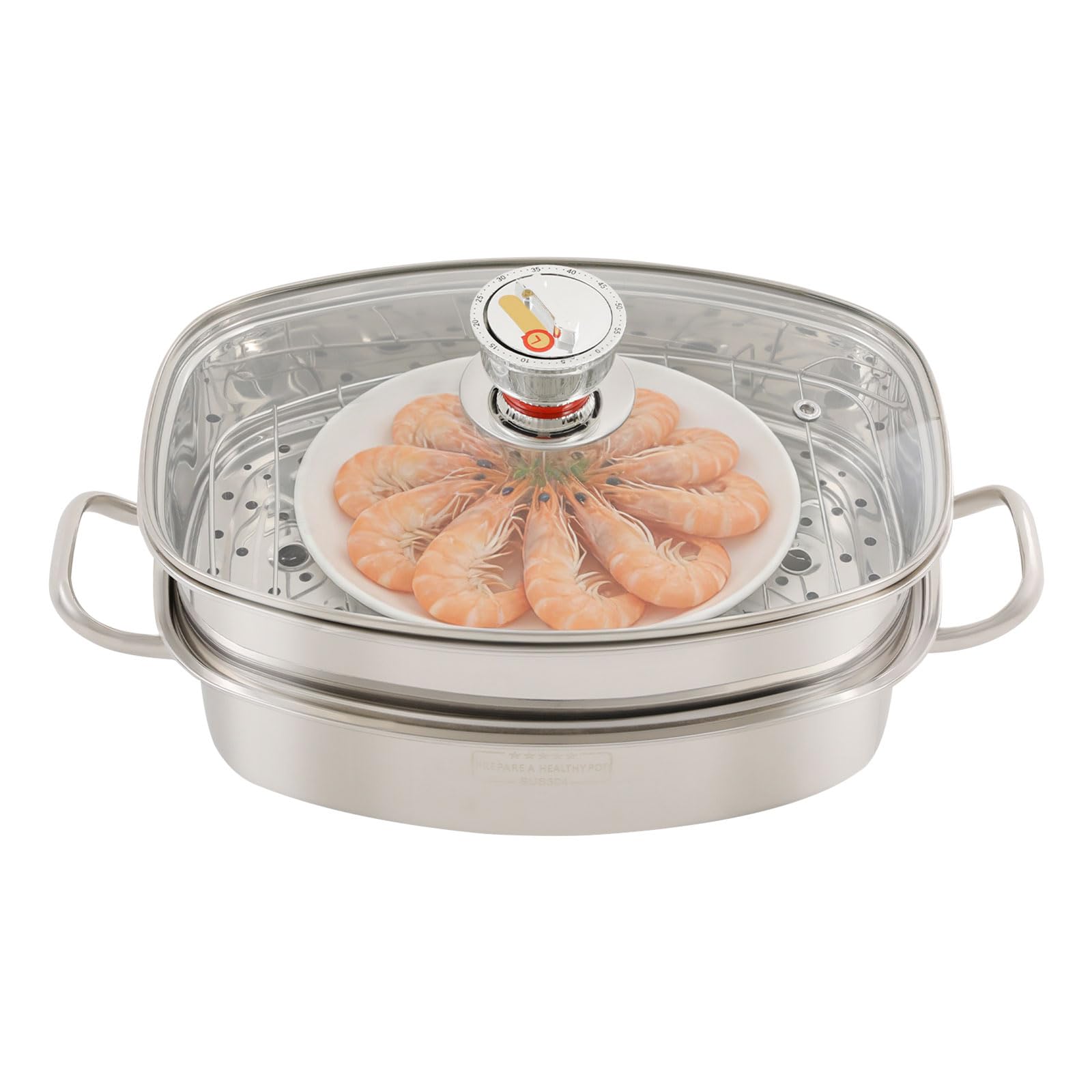 Dampfkochtopf aus 304 Edelstahl, 2-stöckig 6L Dampfgarer mit Dampfgitter & Dampfkorb, inkl. Zange Schutzhandschuhe Timer, kompatibel mit Gas Elektro Induktion, für Fisch Gemüse Suppen Nudeln