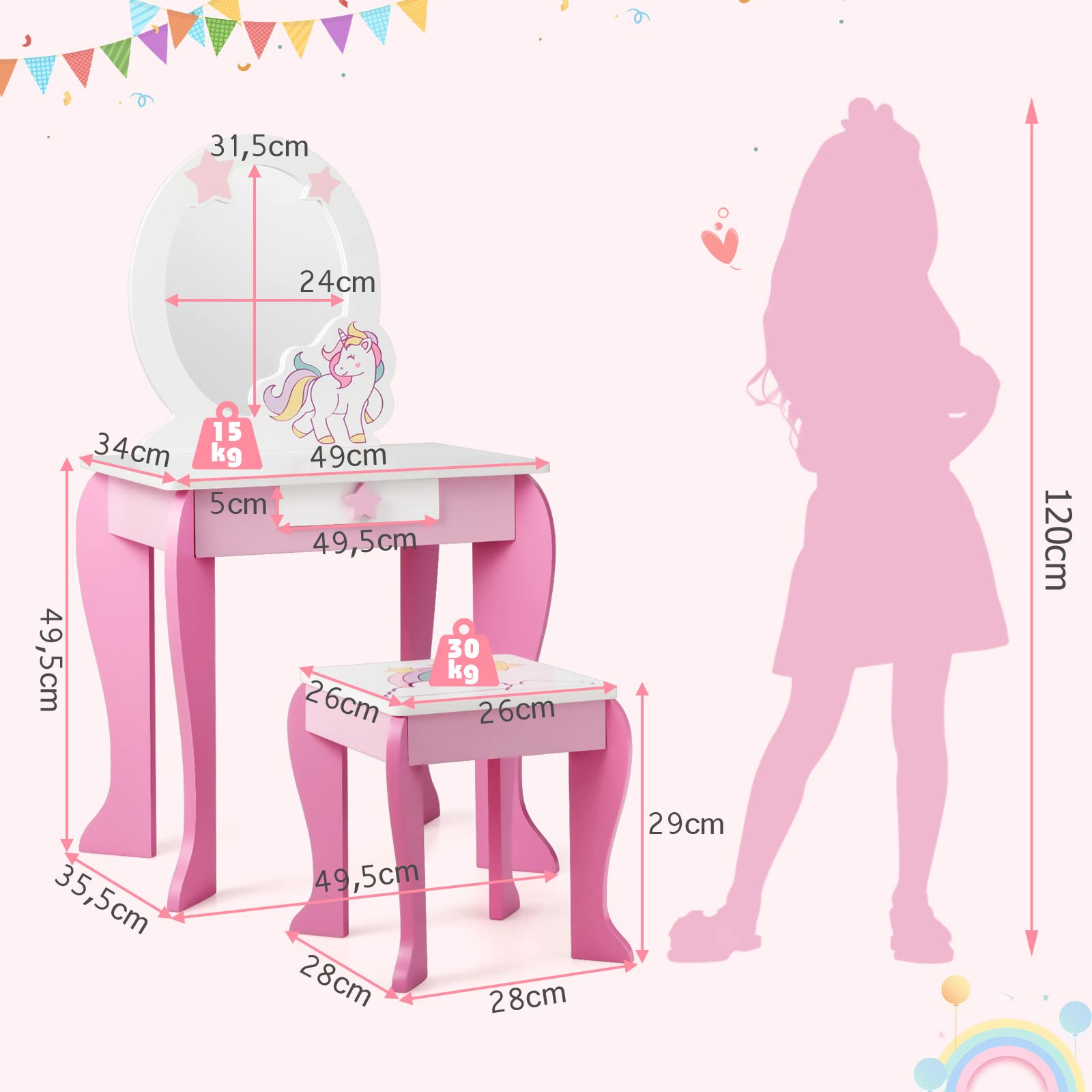 RELAX4LIFE Toeletta da Trucco con Sgabello per Bambini, Scrivania con Specchio Rotondo Rimovibile, Cassetto con Manopola a Stella, Scrivania e Sedia per Cameretta, Modello Unicorno (Rosa)