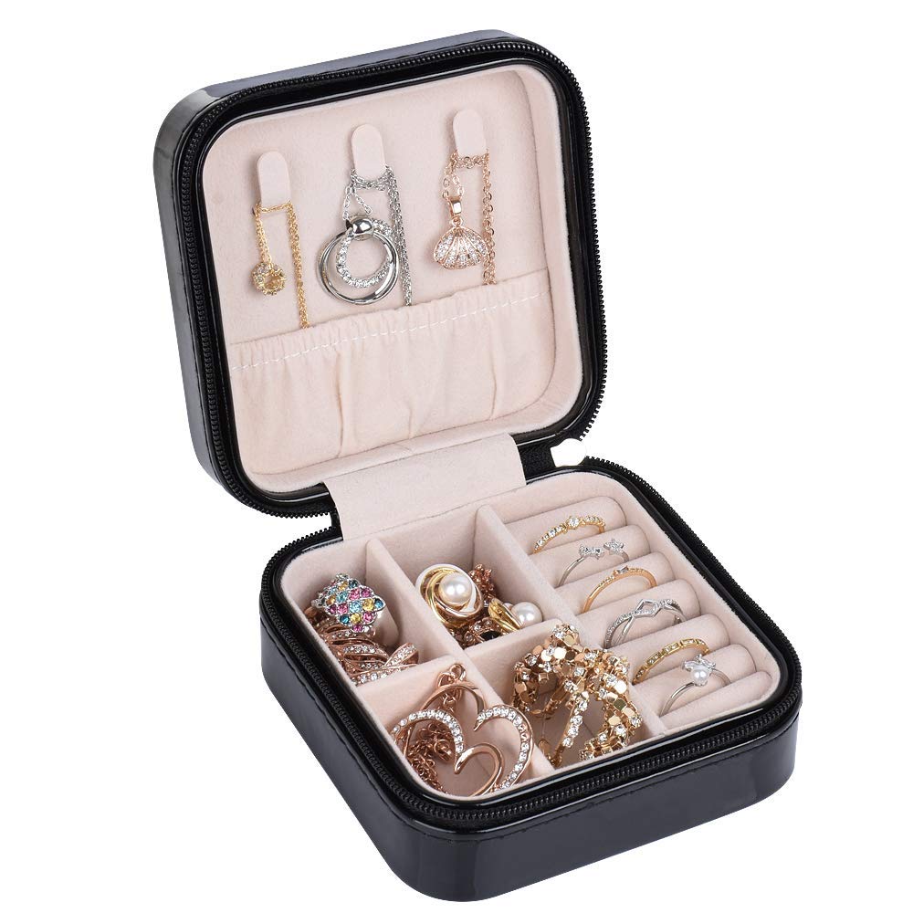 AMERTEER Travel Jewelry Box Organizer, Small Jewelry Case Storage for Rings Earrings Necklace PU Leather Jewelry Gift Boxes for Women (Black)