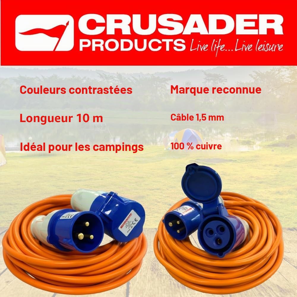 Rallonge 10 m - Câble de rallonge Robuste, 240 V 16 A pour Camping-Car et Caravane, câble d’Alimentation Secteur Orange Haute visibilité - Parfait pour Camping-Car et autocaravane