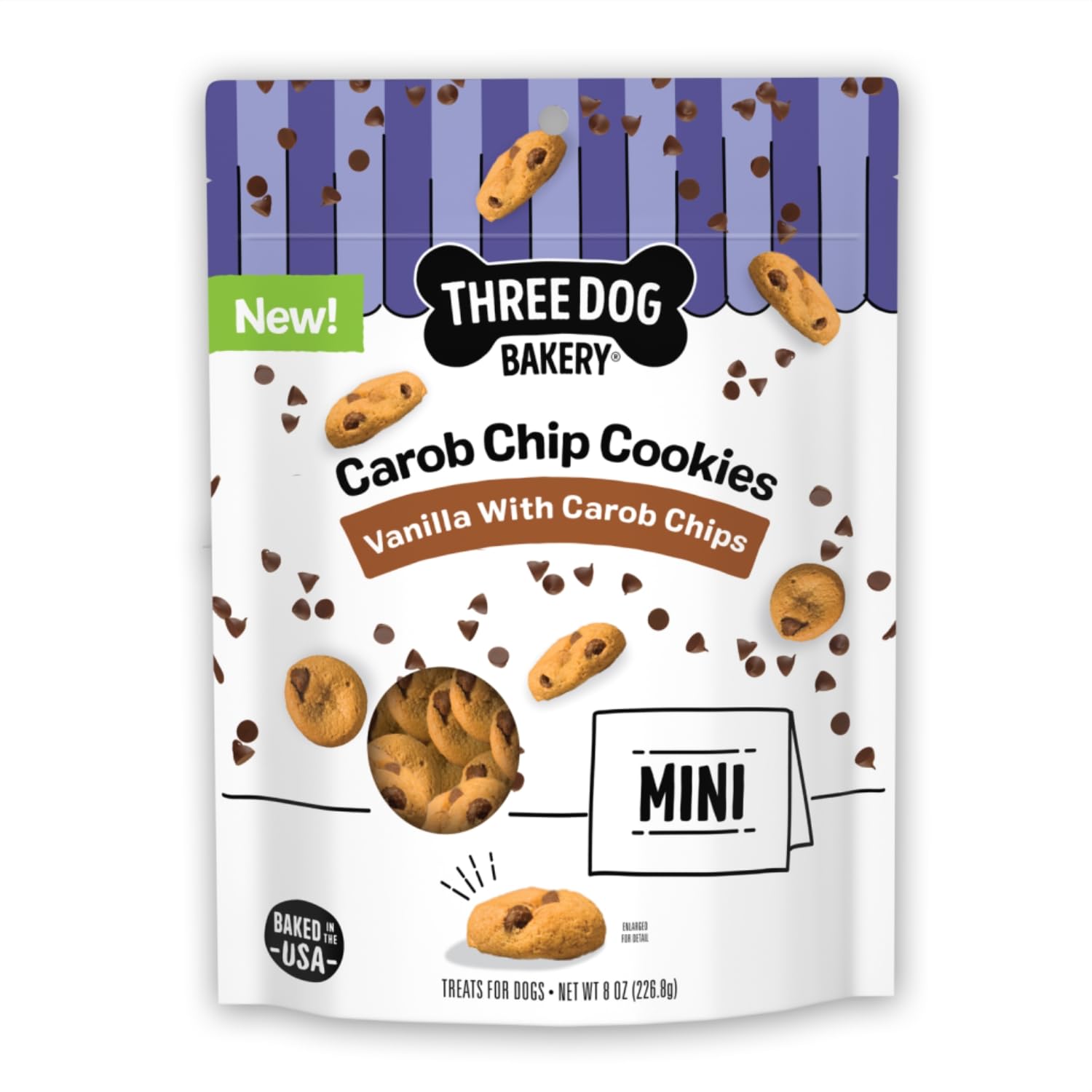 Three Dog Bakery Mini Carob Chip Cookies for Dogs, Crunchy Dog Treats with Real Ingredients, 8 oz