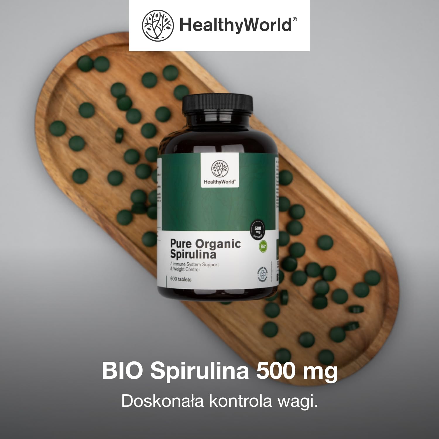 HealthyWorld BIO Spirulina 500 mg - 600 Tabletek - 100% Naturalne Składniki - 4000 mg na Dzienną Porcję - Bez GMO - Na ponad 2 Miesiące - Regulacja Masy Ciała