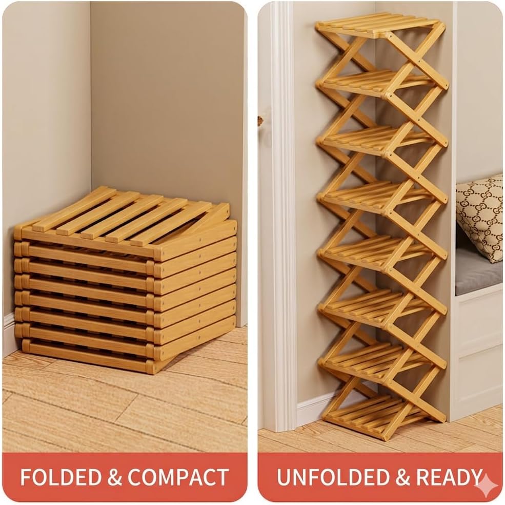 2026 Upgrade The 9-Tier No-Assembly Bamboo Shoe Rack, 2-9 Foldable Tier Rack Multi-Tier Narrow Shoe Shelf for Entryway, Space-Saving Vertical Storage Organizer for Closet Dorm (Natural Color, 9-tier)