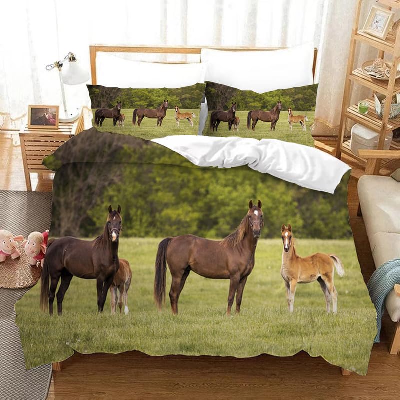 Housse de Couette 220x240 Chevaux Verts Doux Contre la Transpiration Nocturne