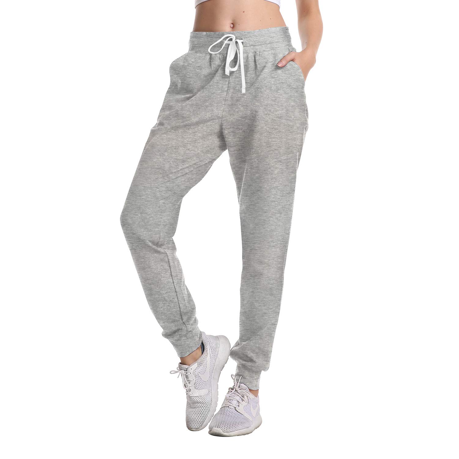 DAYOUNG Women's Sweatpants Yoga Athletic Jogger Running Pants Lounge Loose Drawstring Waist with Zipper Pockets - Light Grey Medium