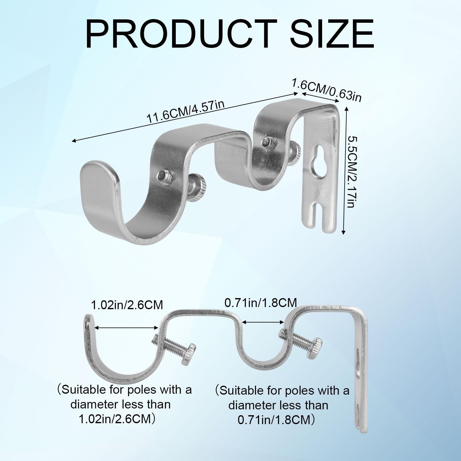 ANCLLO Staffe per aste per tende resistenti, doppie staffe per aste per tende, supporti doppi per asta da 2,5 cm e 1,5 cm (set da 3, argento