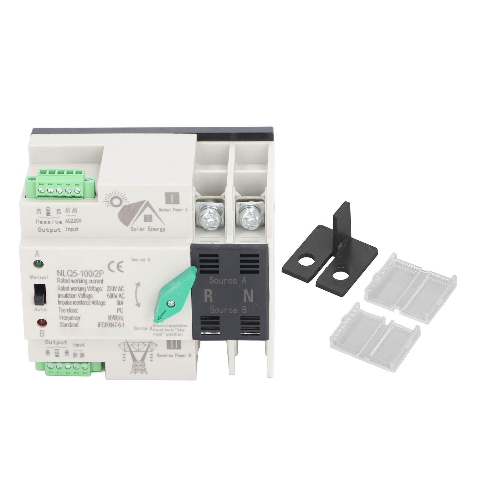 Interruttore di Trasferimento Automatico a Doppia Alimentazione 2P Mini ATS 35mm Commutatore per Generatore su Guida DIN AC220V per Fabbriche Centri Commerciali (100A)