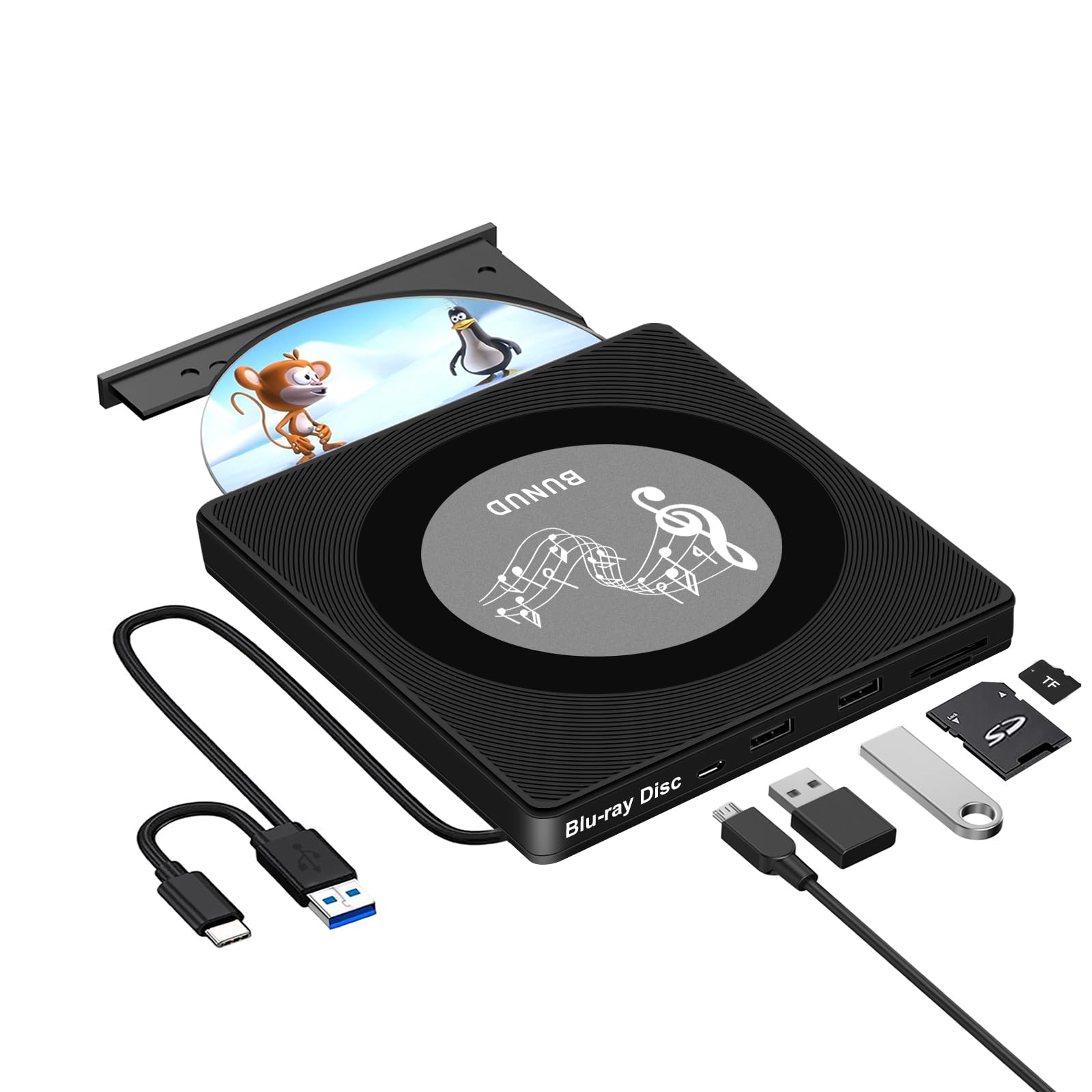 BUNUD External 5 in 1 BluRay DVD Drive, USB 3.0 Type C, Slim Optical Blue Ray CD/DVD Drive for Laptop PC Mac Windows 11 MacBook Linux OS