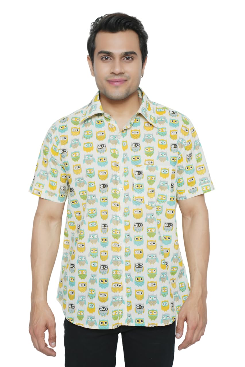 STYLE MATTERSMen’s Printed Casual Stylist Cotton Blend Shirt |Regular Fit Half-Sleeve Shirt for Men (Yellow Owl Print)