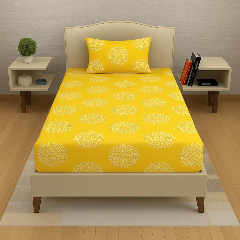 Image of Premium Cotton Elastic Fitted Bedsheets with 1 Pillow Covers |Floral Printed Single Bed Elastic 220 TC Supersoft Breathable & Wrinklefree | for 72x36+6 Inches, Pattren Floral Yellow