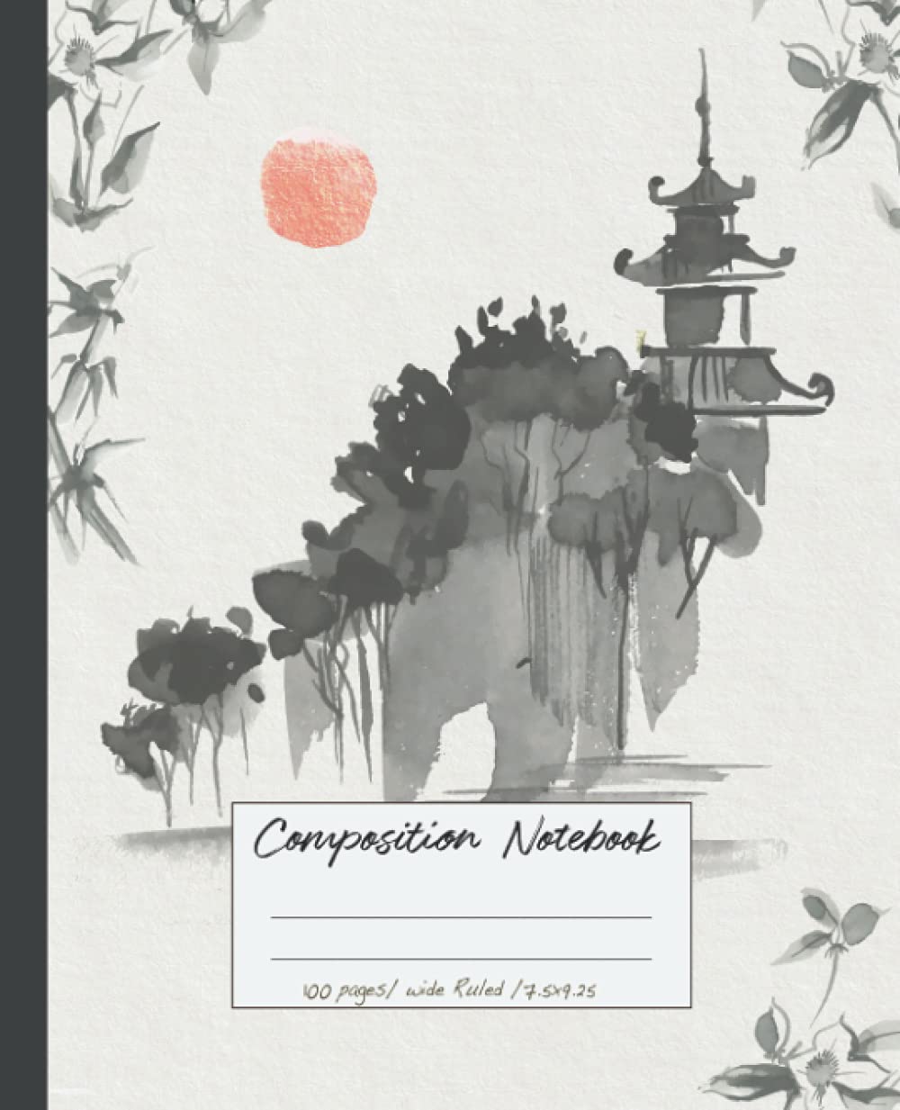 Composition Notebook: Sumi e notebook. Wide ruled beautiful ink wash style Japanese minimalist black and white watercolor illustration. Wide ruled aesthetic composition notebook.
