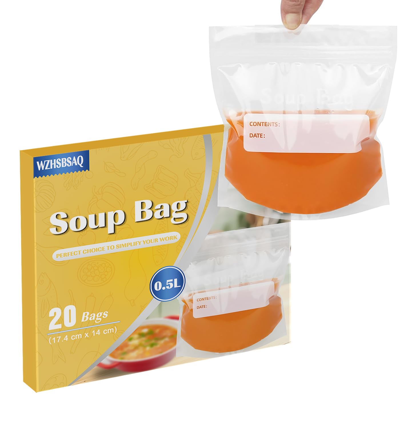 Wzhsbsaq Orange 20 Soup And Sauce Freezer Bags, Reusable Liquid Storage Bags, Large Capacity, Suitable For Storing Soups, Chilli, Meat Sauces, Curries And Any Liquids, Capacity 500Ml