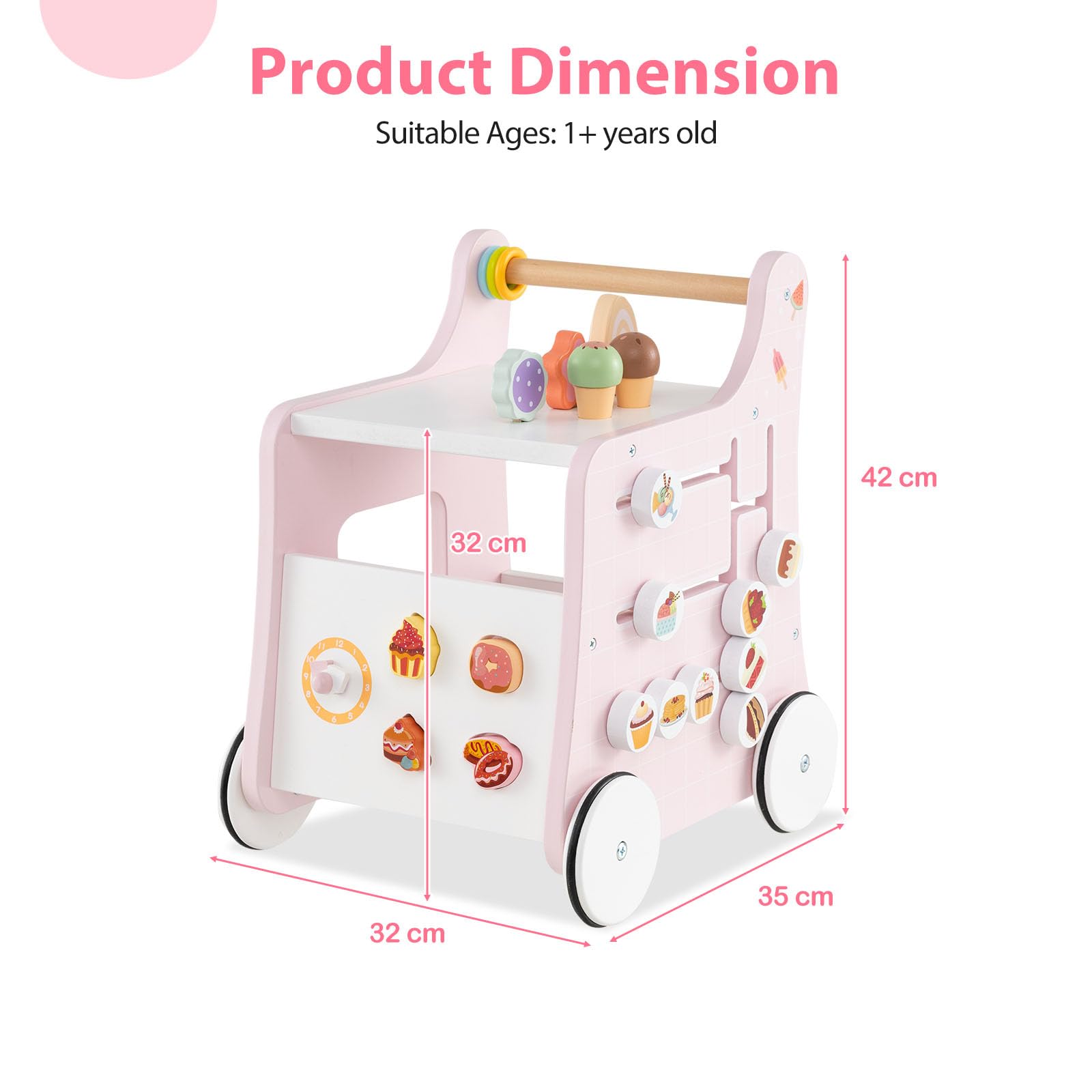 LIFEZEAL Girello per Bambini 1+Anni in Legno, Giochi di Ruolo Gelateria, Carrello Primi Passi Montessori, Baby Walker per Imparare a Camminare, Giocattoli, Ruote Antiscivolo, Portaoggetti, Maniglia