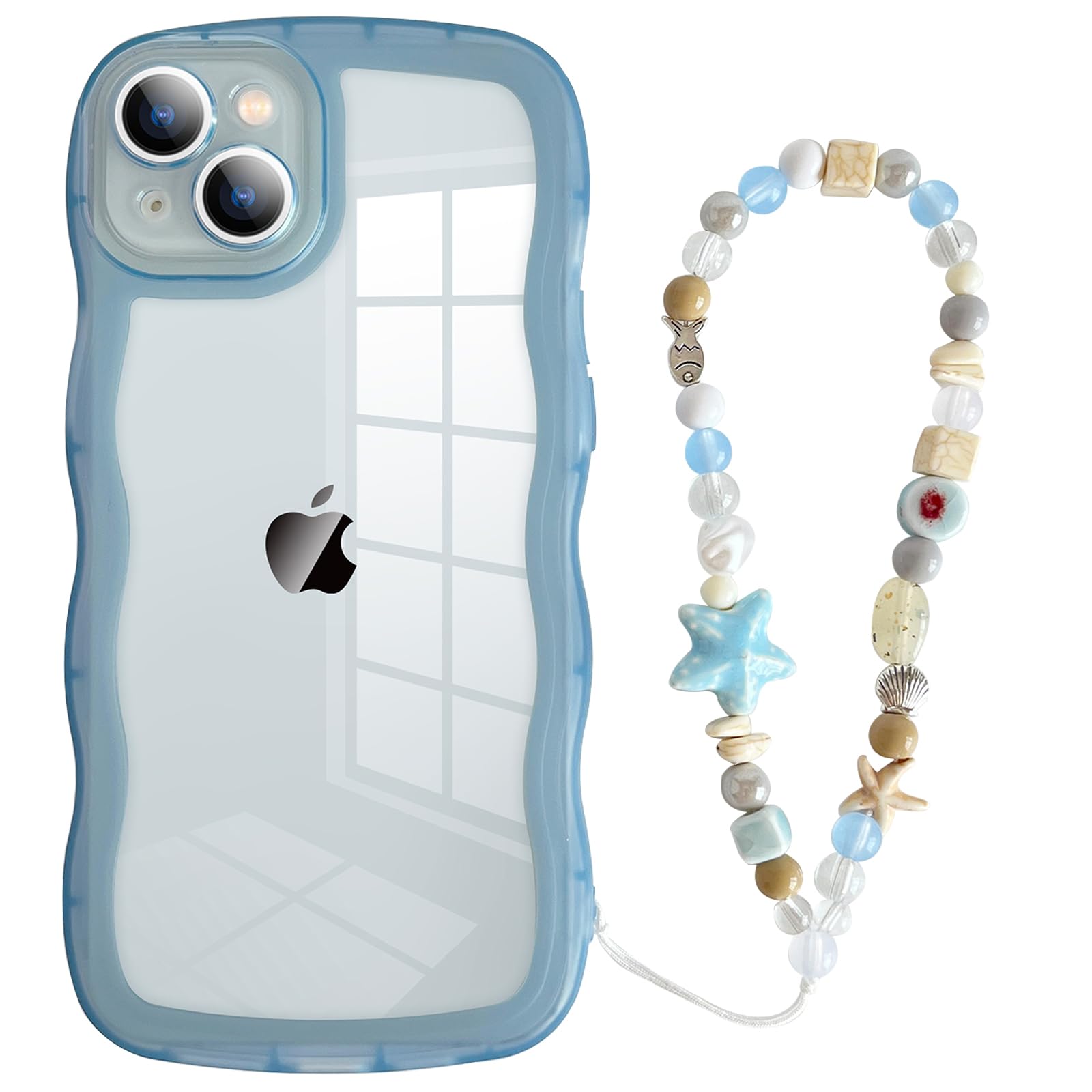 Jmltech Wavy Case for iPhone 15 Case Wavy Cute Kawaii Girly Women Trendy Aesthetic Clear Silicone Protective Shockproof Phone Cases with Beade Phone