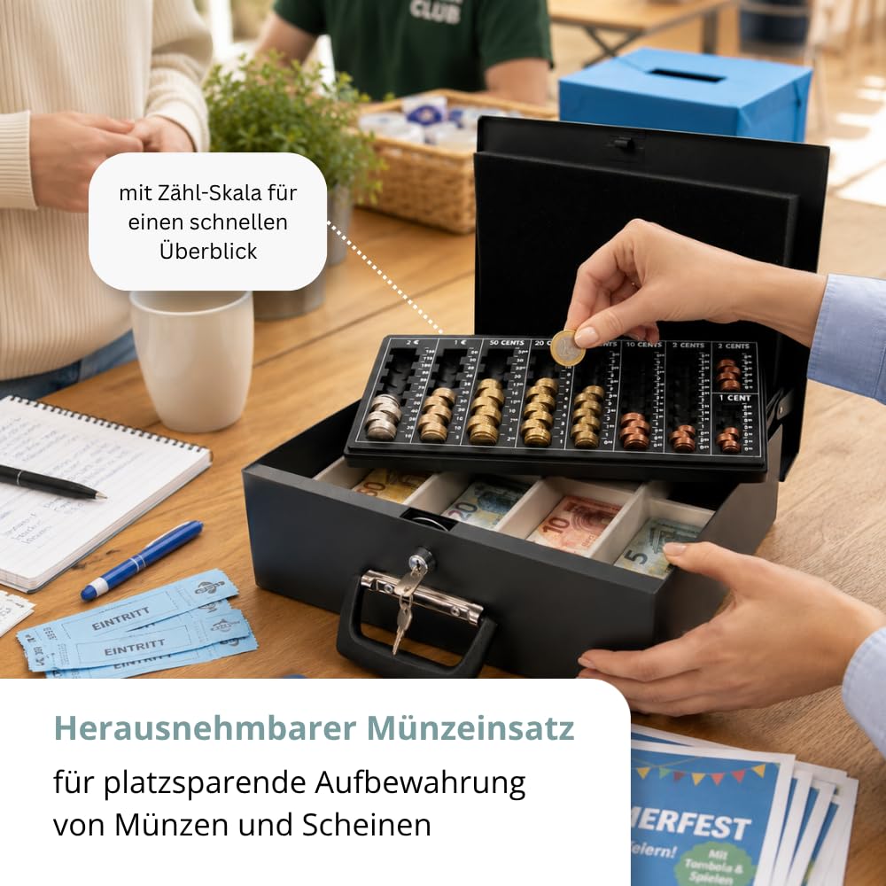 hjh OFFICE Geldkassette SAFE I – Abschließbare Stahl-Geldkassette mit Euro-Münzbrett, Banknotenfächern und Tragegriffen, für Bargeld, 35,5 x 27,5 x 10,5 cm