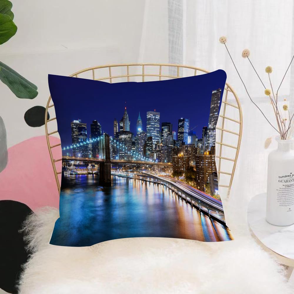 HYOSXW Cushion Cover,Throw Pillow Case Home Decorative for Living Room Bedroom Sofa Chair 16X16 Inch,Glittering New York night, Brooklyn Bridge and Manhattan skyline,Pillowcase 40X40cm