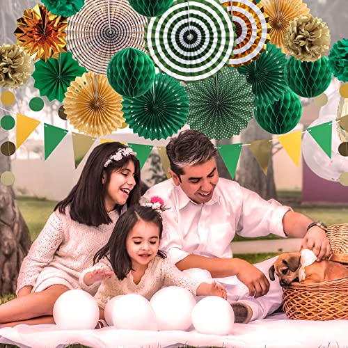Image of Green and Gold Party Decorations 23Pcs Paper Fans Pom Poms Lemon Garland