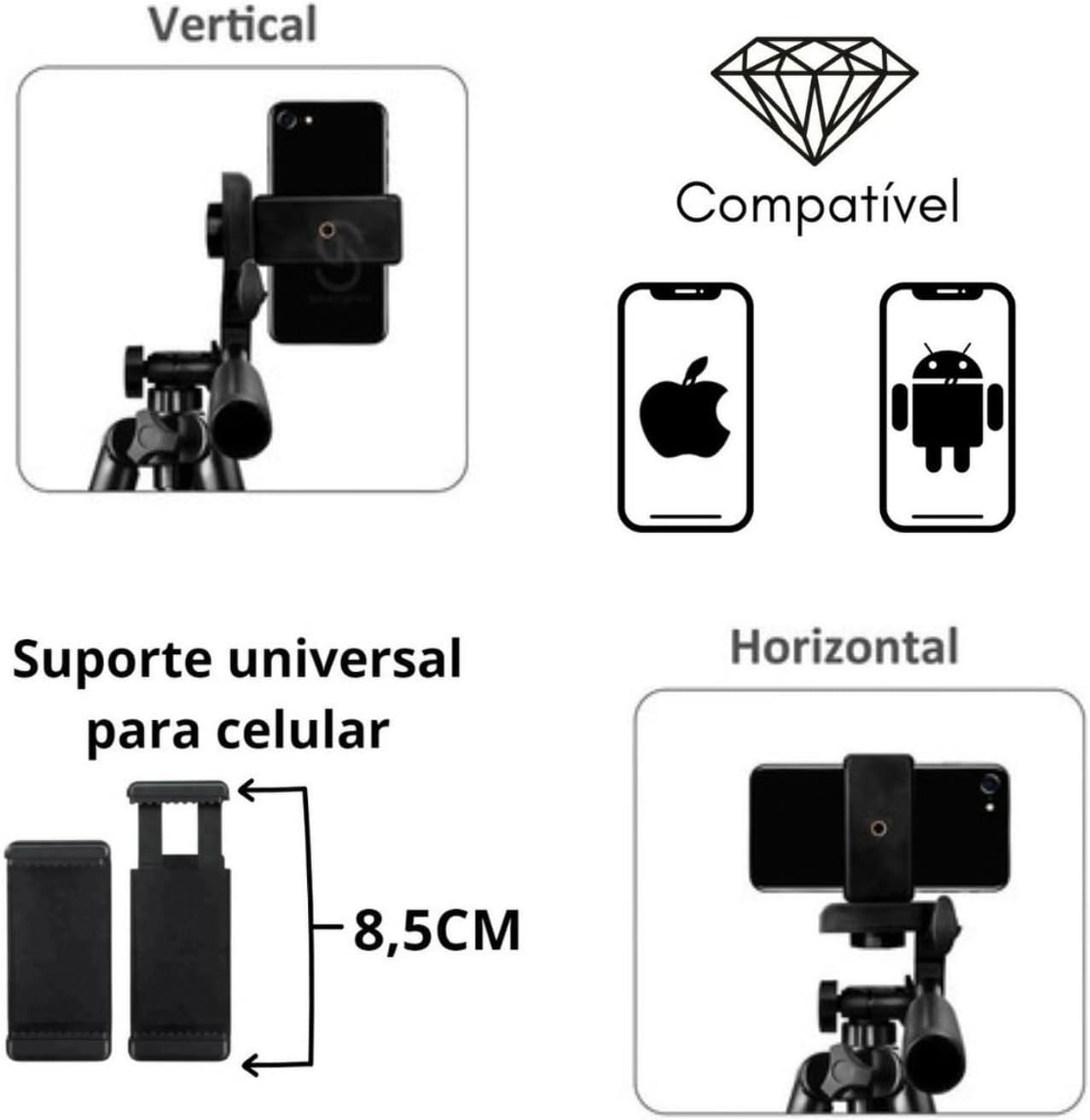 Tripé para Câmera e Celular com Nível Bolsa e Suporte de celular Kit Tripod com controle remoto sem fio