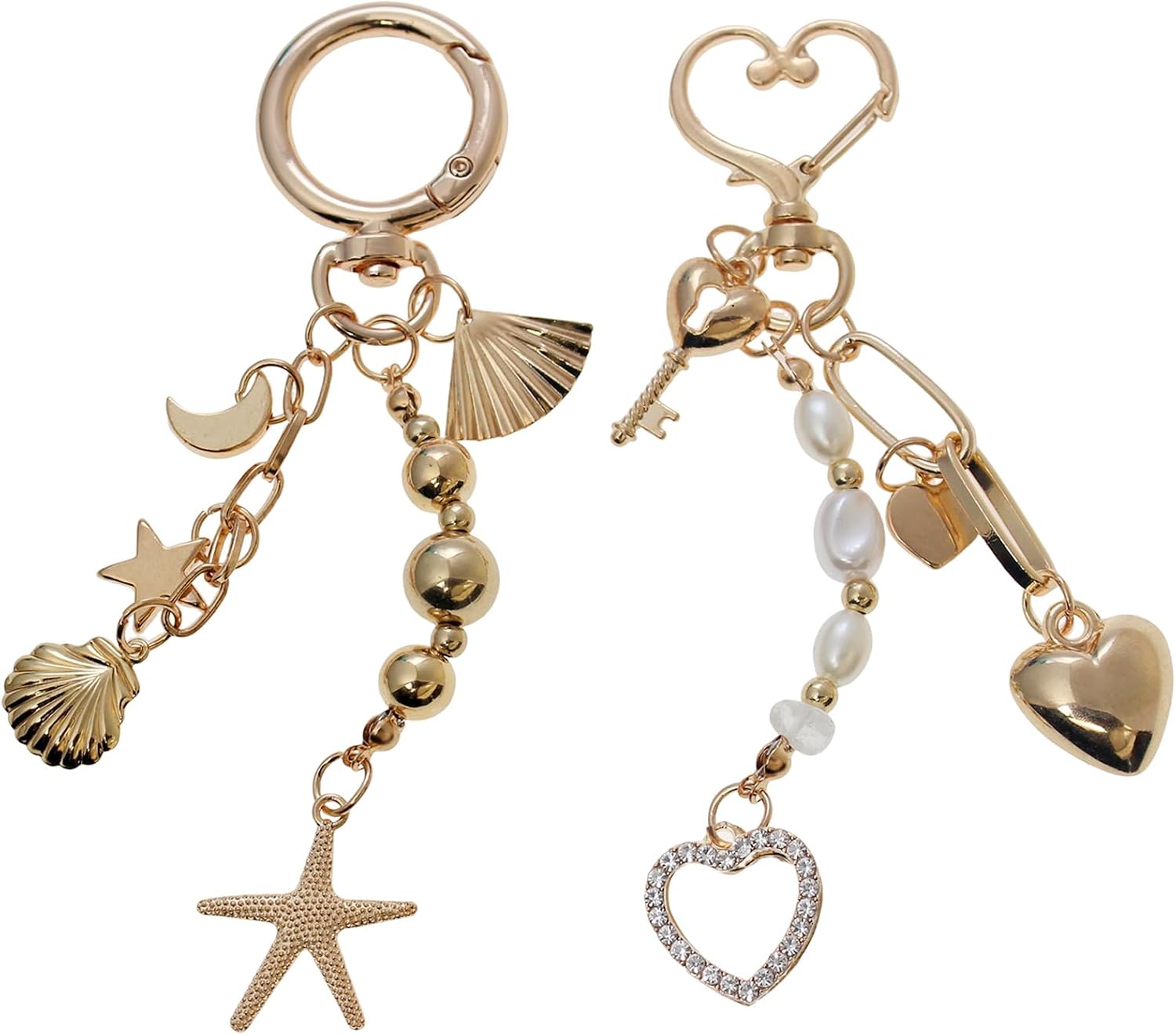 CMVFYL Pearl Beaded Keychain Charms, Cute Purse Charms for Handbags, Gold Starfish Keyring for Women, Heart Star Moon Shell