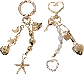 CMVFYL Pearl Beaded Keychain Charms, Cute Purse Charms for Handbags, Gold Starfish Keyring for Women, Heart Star Moon Shell