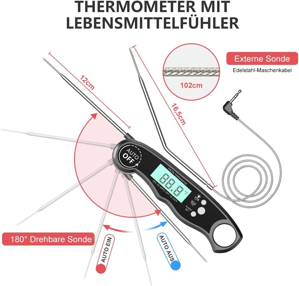 CIRYCASE Fleischthermometer Digital, Sofort Ablesbares Bratenthermometer Grillthermometer, Externe Sonde mit 2 Lange Sonde & Magnet, Alarmfunktion, Backofenthermometer für... – Bild 5